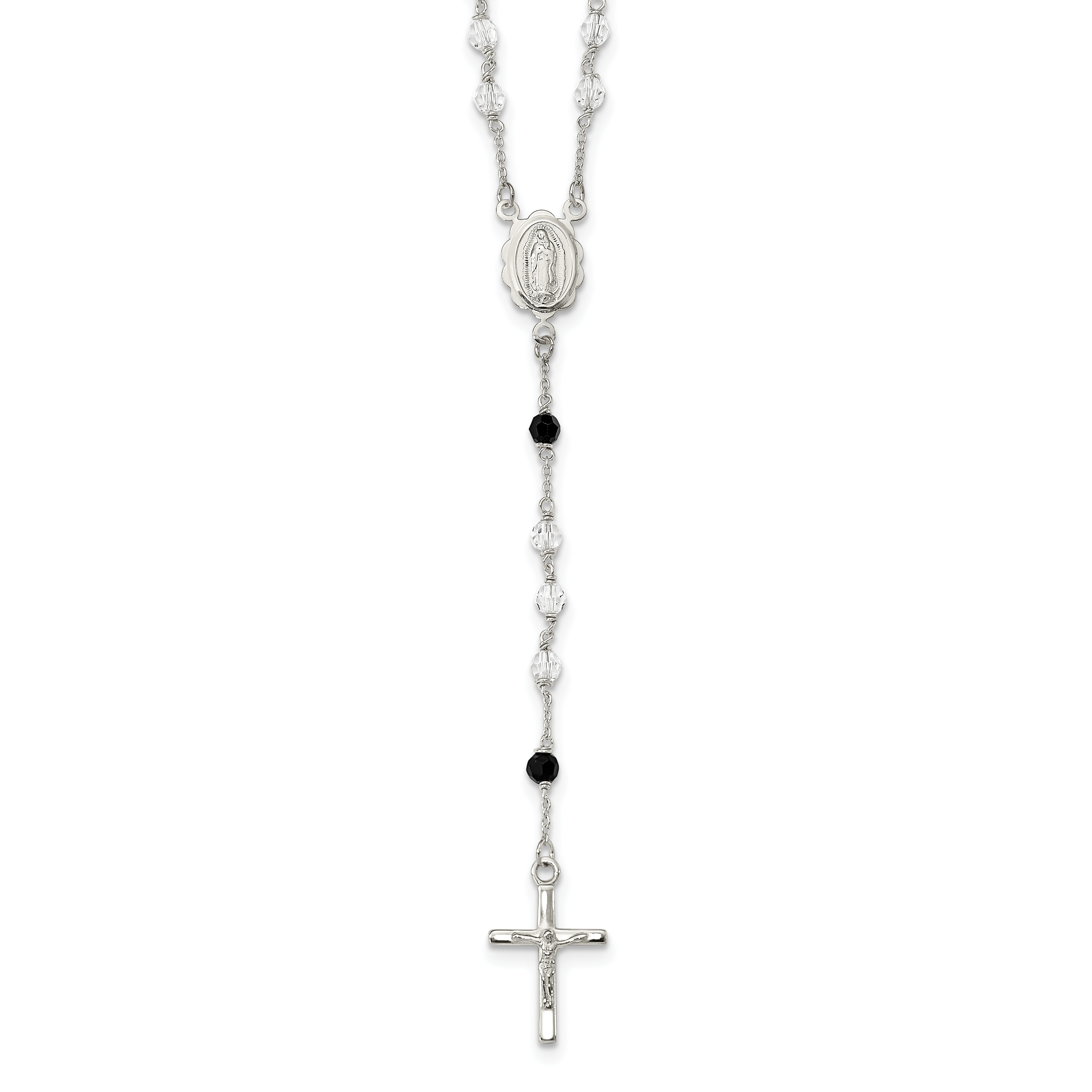 Sterling Silver Polished and Black Crystal Bead Rosary 23.5 inch Necklace (QH5134-23.5)