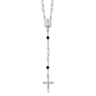Sterling Silver Polished and Black Crystal Bead Rosary 23.5 inch Necklace