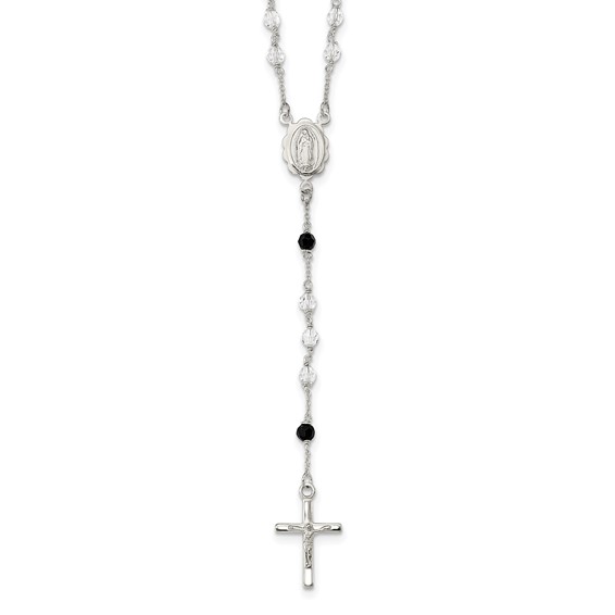 Sterling Silver Polished and Black Crystal Bead Rosary 23.5 inch Necklace