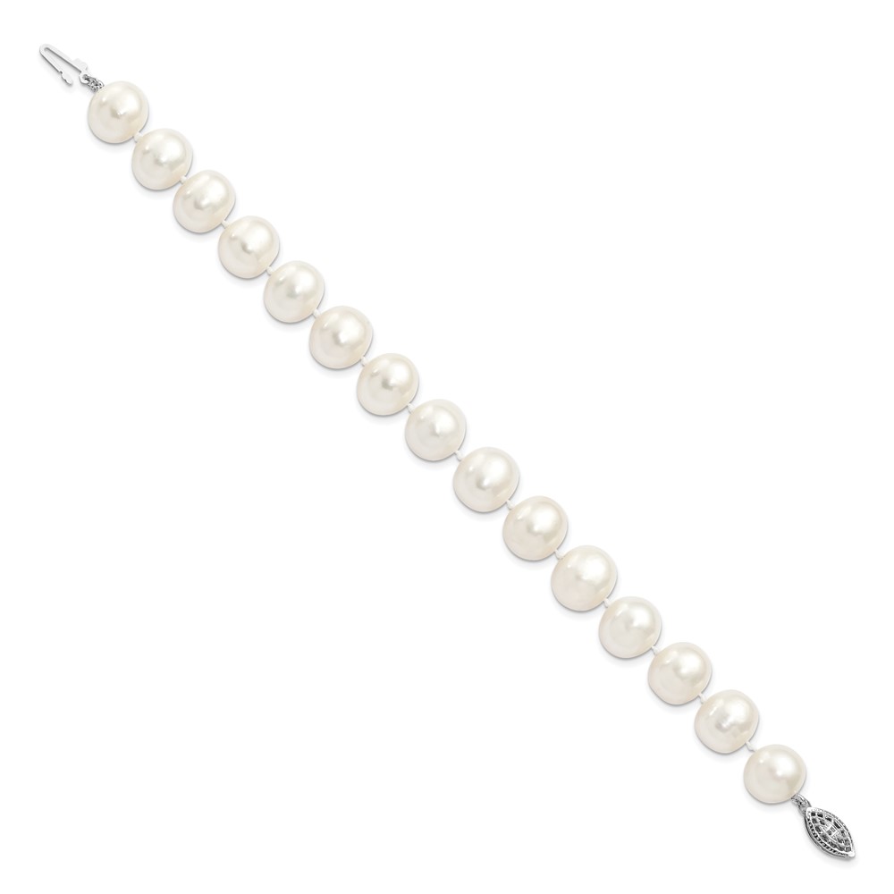Sterling Silver Rhodium-plated 11-12mm White Near-Round Freshwater Cultured Pearl 7.25 inch Bracelet (QH5151-7.25)