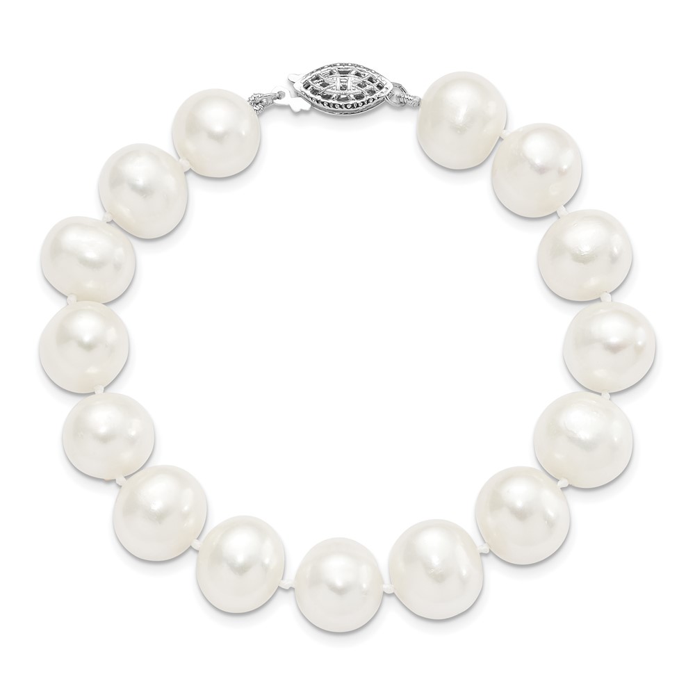 Sterling Silver Rhodium-plated 11-12mm White Near-Round Freshwater Cultured Pearl 7.25 inch Bracelet (QH5151-7.25)
