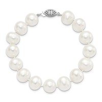 Sterling Silver Rhodium-plated 11-12mm White Near-Round Freshwater Cultured Pearl Bracelet, 7.25" view 3