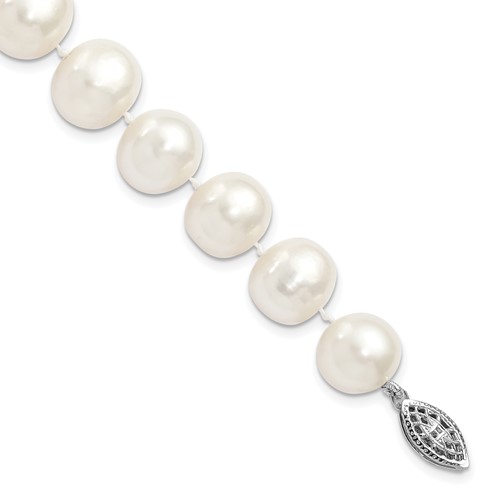 Sterling Silver Rhodium-plated 11-12mm White Near-Round Freshwater Cultured Pearl Bracelet, 7.25"