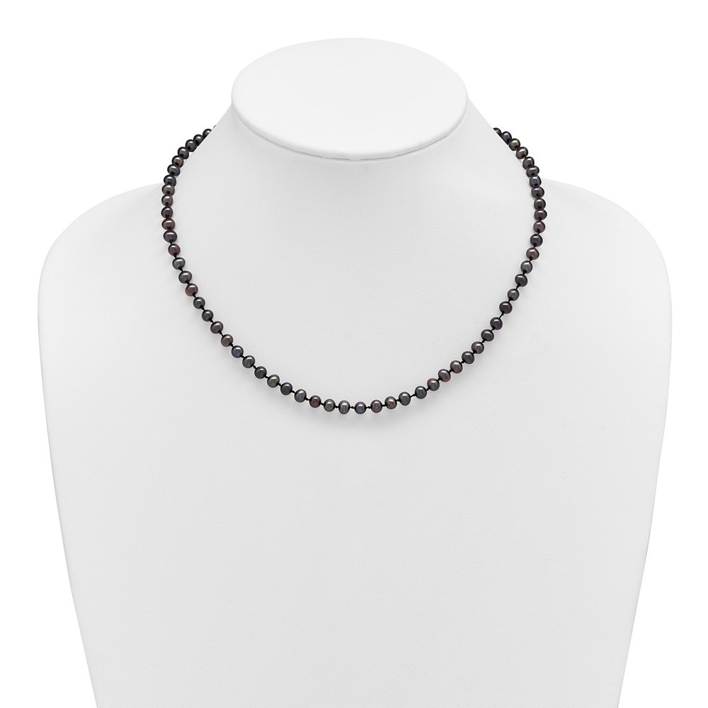 Sterling Silver Rhodium-plated 4-5mm Black Near-Round Freshwater Cultured Pearl 16 inch Necklace (QH5152-16)