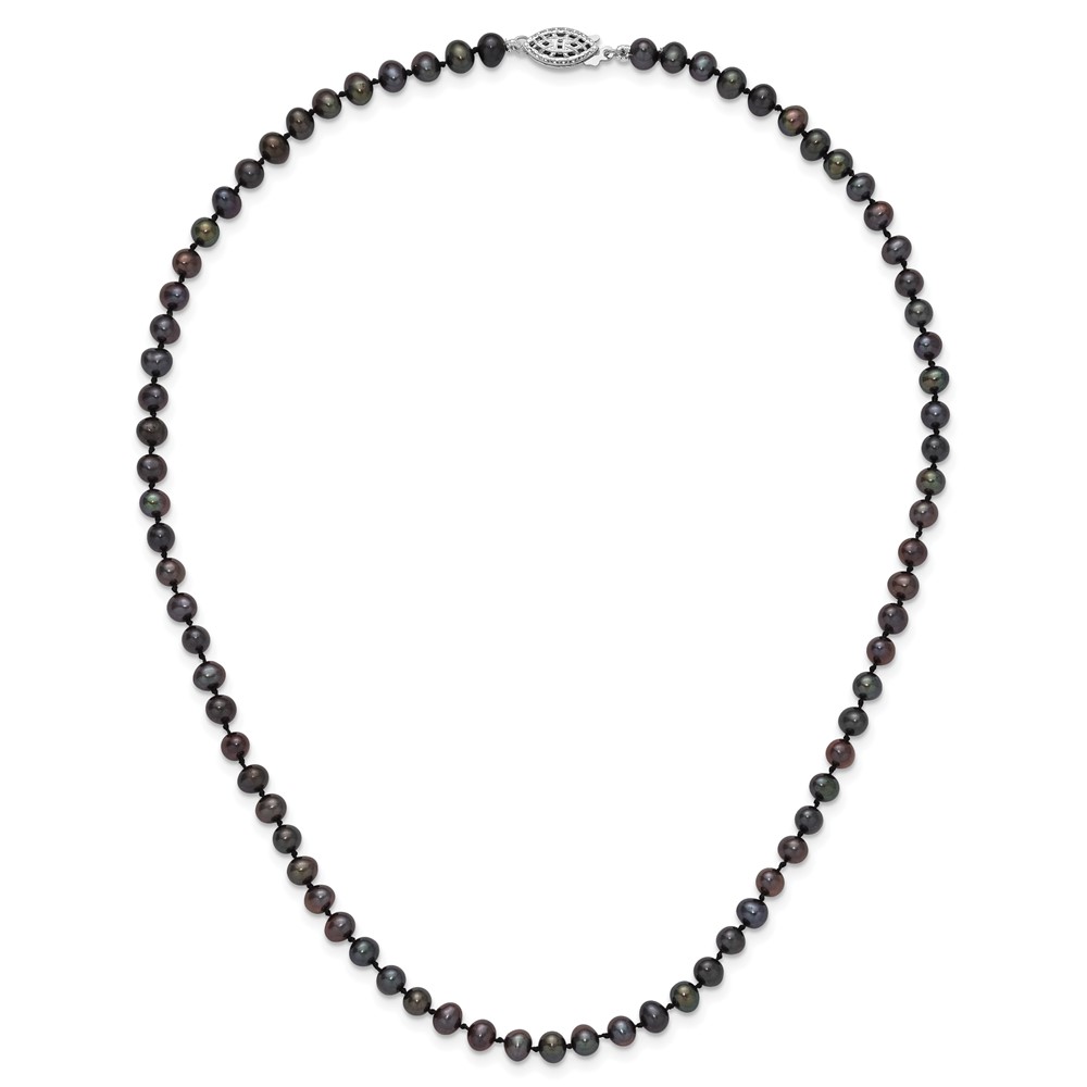 Sterling Silver Rhodium-plated 4-5mm Black Near-Round Freshwater Cultured Pearl 16 inch Necklace (QH5152-16)