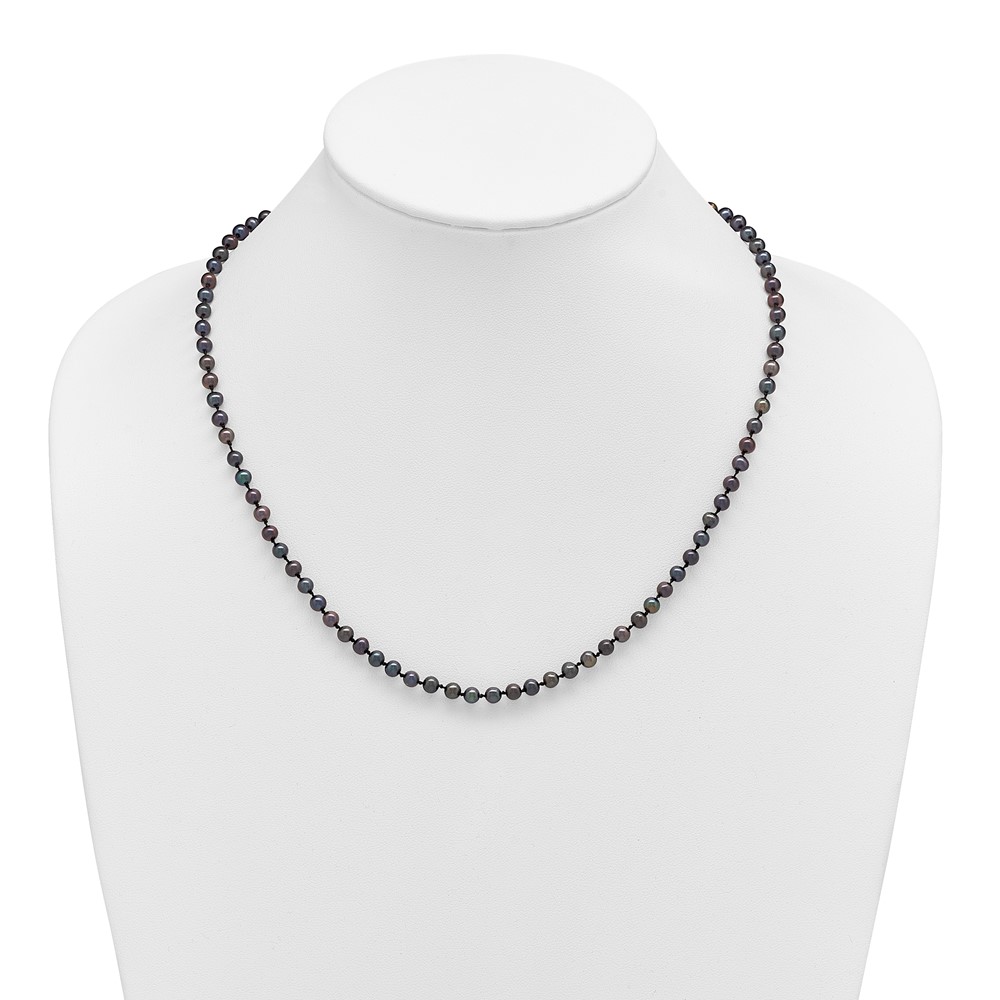 Sterling Silver Rhodium-plated 4-5mm Black Near-Round Freshwater Cultured Pearl 18 inch Necklace (QH5152-18)