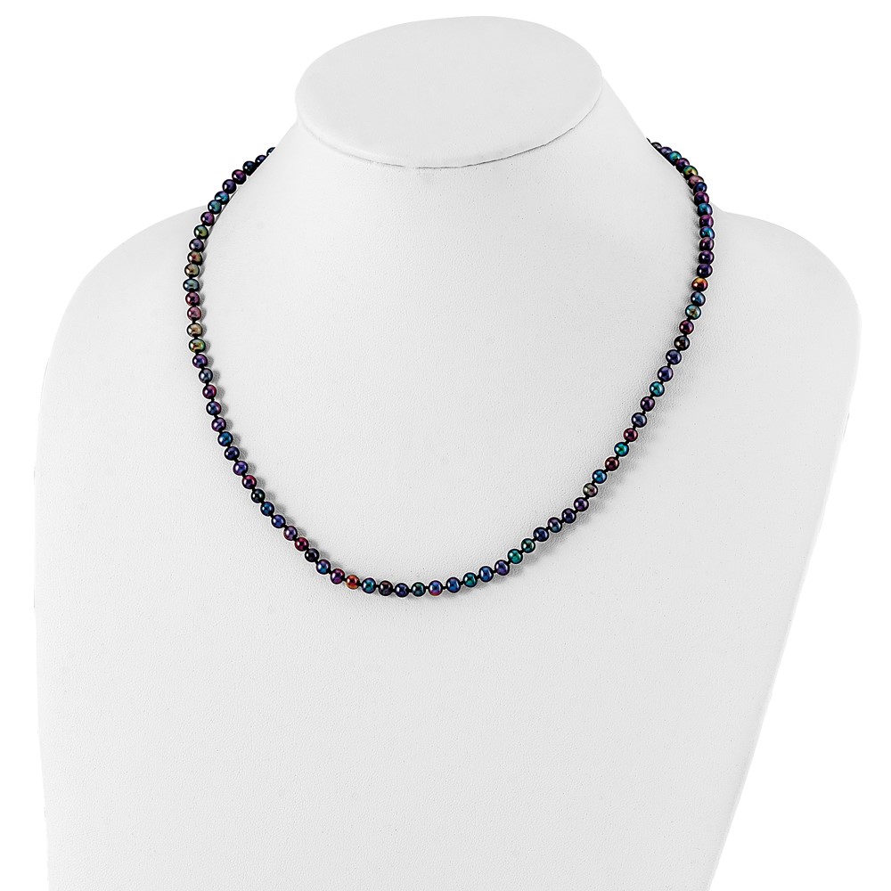 Sterling Silver Rhodium-plated 4-5mm Black Near-Round Freshwater Cultured Pearl 20 inch Necklace (QH5152-20)