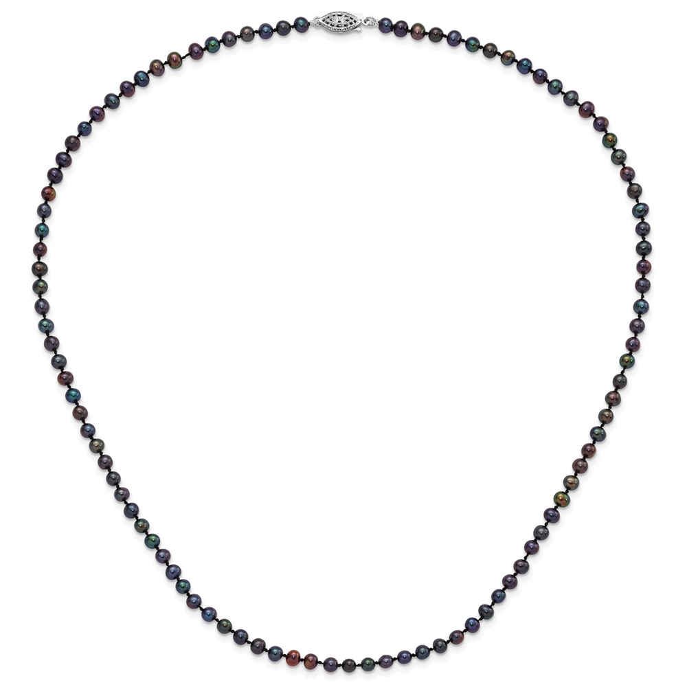Sterling Silver Rhodium-plated 4-5mm Black Near-Round Freshwater Cultured Pearl 20 inch Necklace (QH5152-20)
