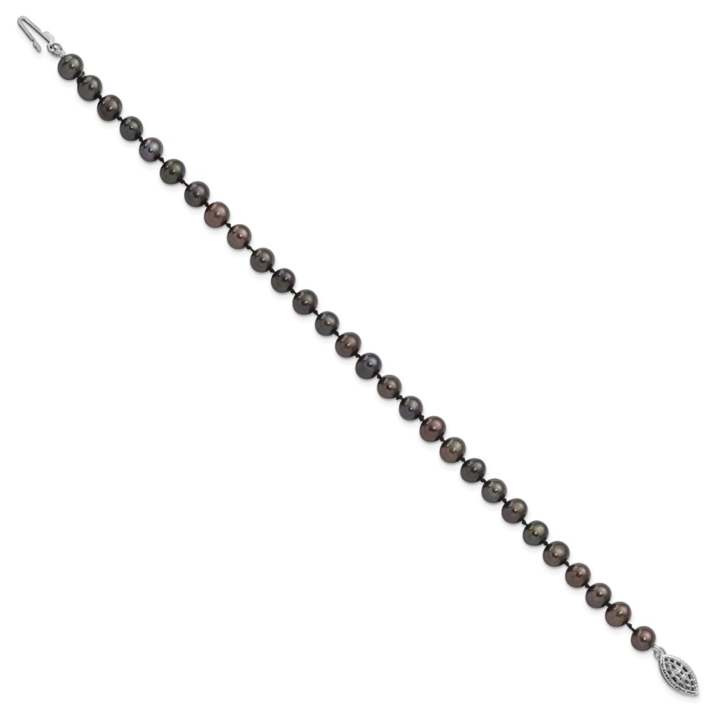 Sterling Silver Rhodium-plated 5-6mm Black Near-Round Freshwater Cultured Pearl 7.25 inch Bracelet (QH5153-7.25)