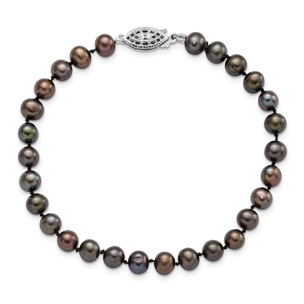 Sterling Silver Rhodium-plated 5-6mm Black Near-Round Freshwater Cultured Pearl 7.25 inch Bracelet (QH5153-7.25)
