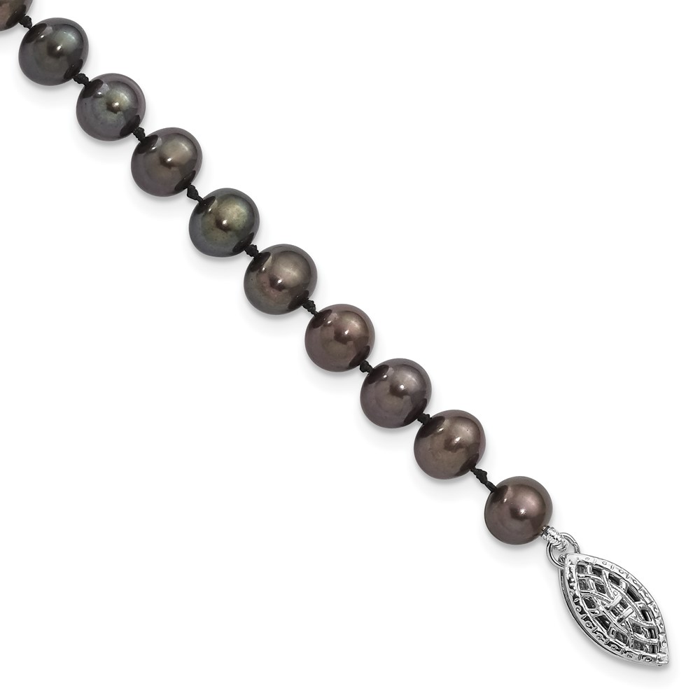 Sterling Silver Rhodium-plated 5-6mm Black Near-Round Freshwater Cultured Pearl 7.25 inch Bracelet (QH5153-7.25)