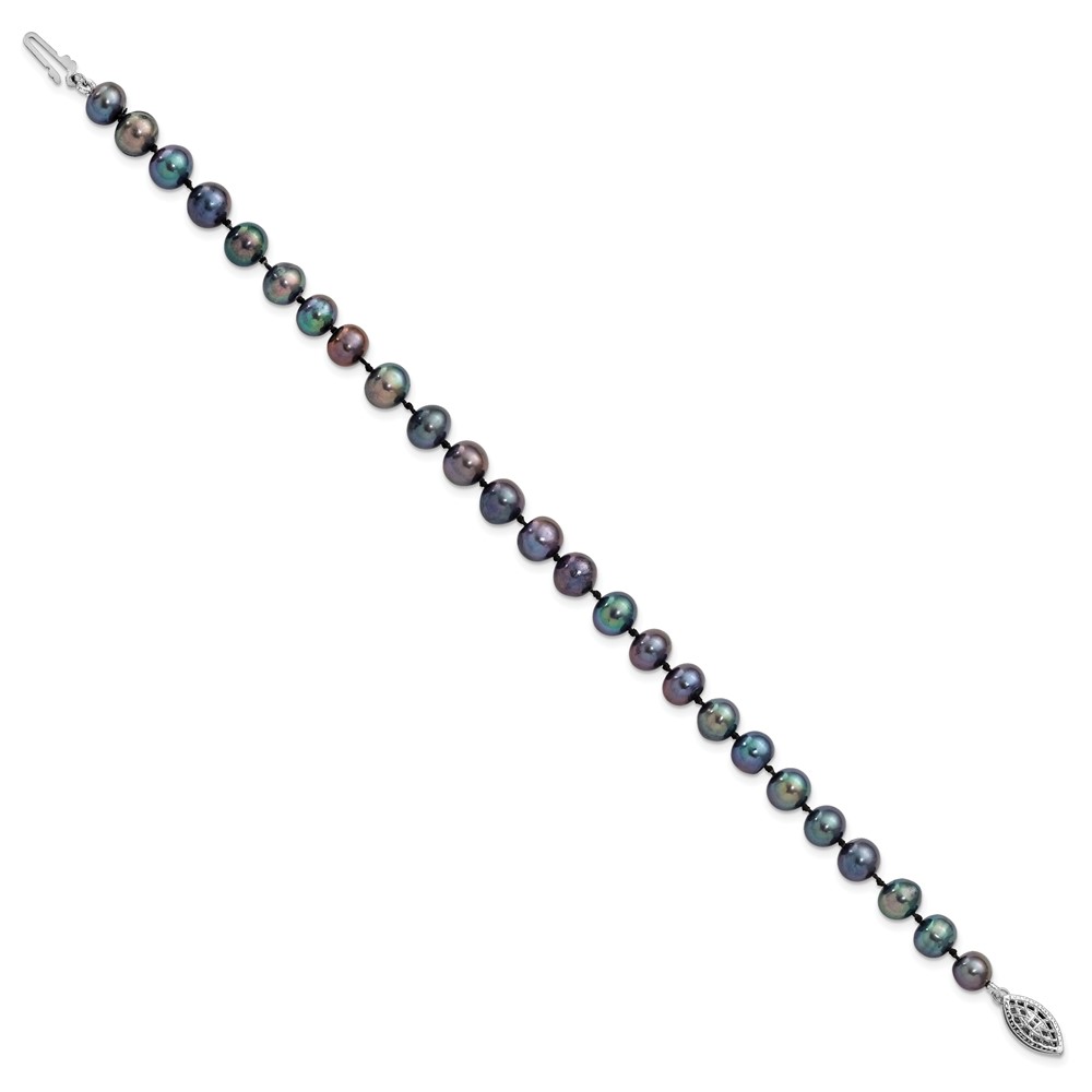 Sterling Silver Rhodium-plated 6-7mm Black Near-Round Freshwater Cultured Pearl 7.25 inch Bracelet (QH5154-7.25)