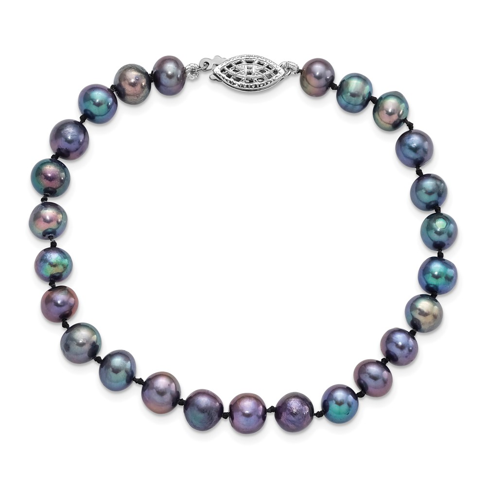 Sterling Silver Rhodium-plated 6-7mm Black Near-Round Freshwater Cultured Pearl 7.25 inch Bracelet (QH5154-7.25)