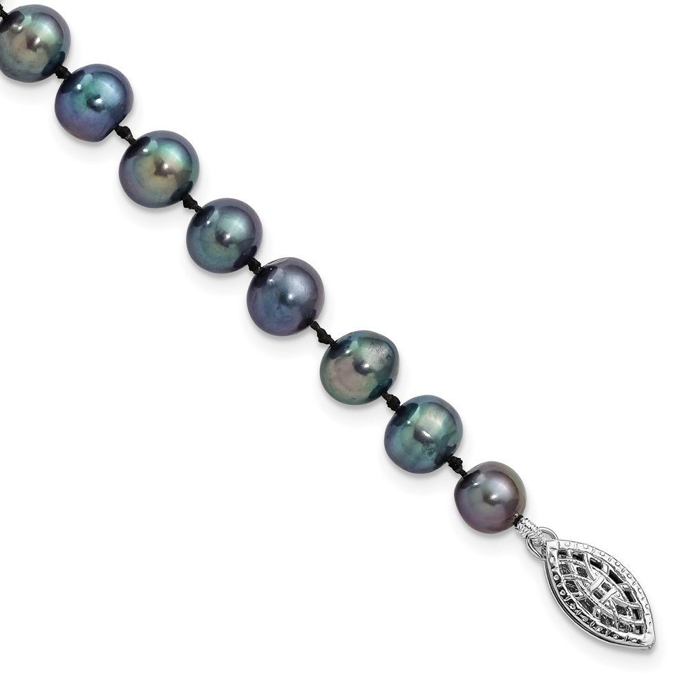 Sterling Silver Rhodium-plated 6-7mm Black Near-Round Freshwater Cultured Pearl 7.25 inch Bracelet (QH5154-7.25)