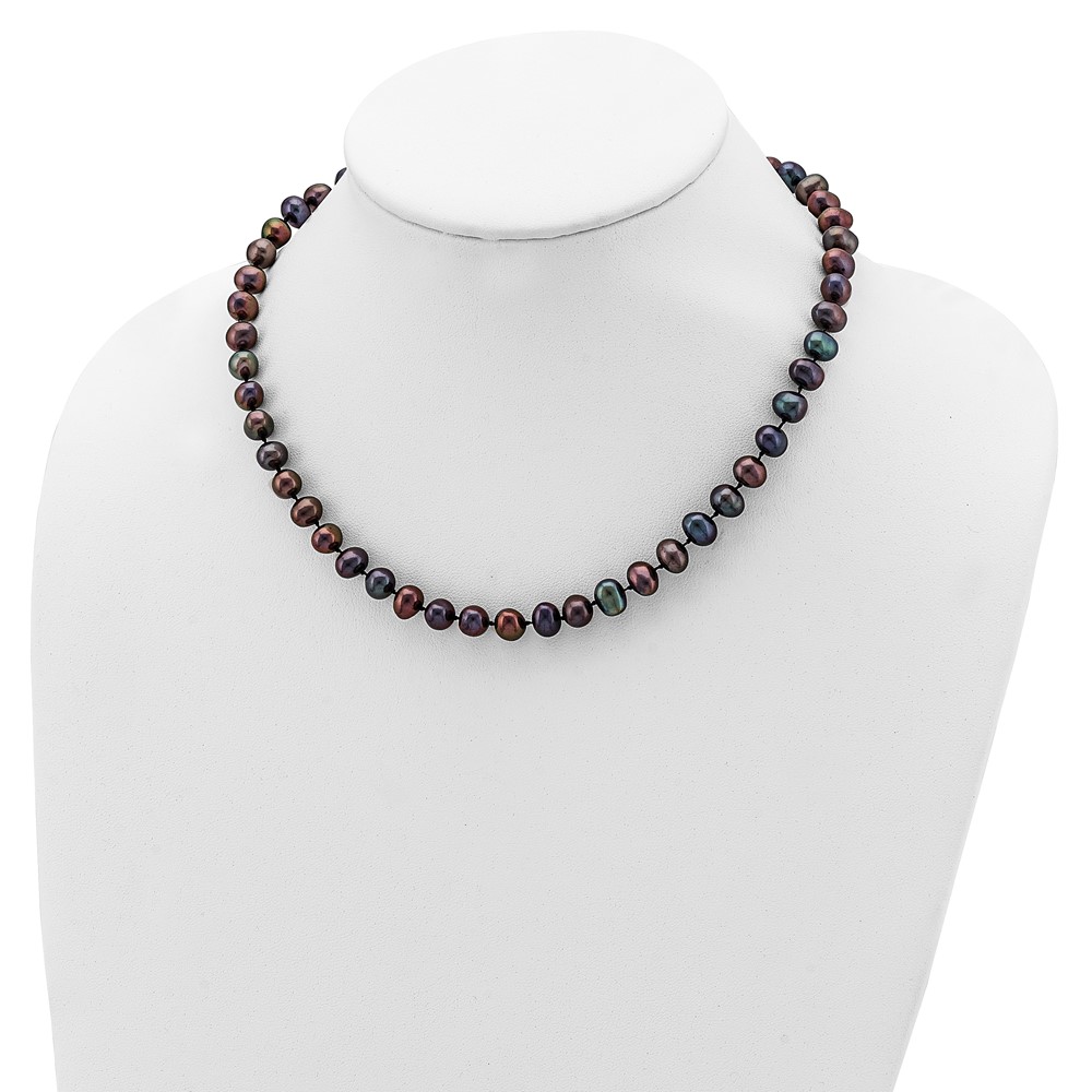 Sterling Silver Rhodium-plated 7-8mm Black Near-Round Freshwater Cultured Pearl 18 inch Necklace (QH5155-18)