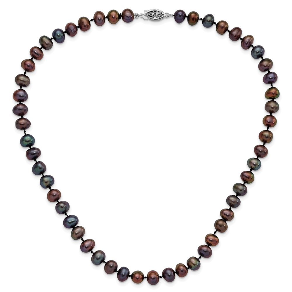 Sterling Silver Rhodium-plated 7-8mm Black Near-Round Freshwater Cultured Pearl 18 inch Necklace (QH5155-18)