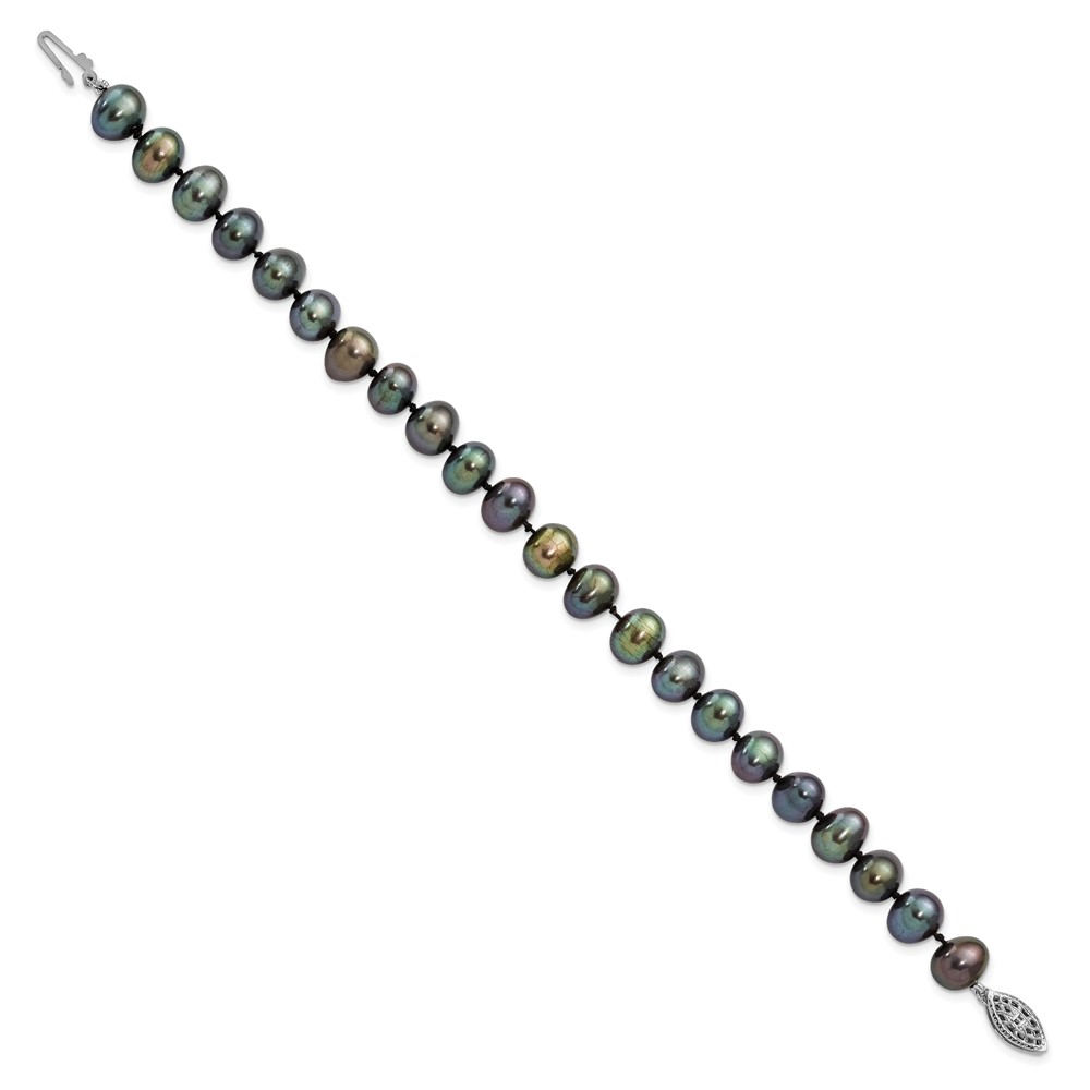 Sterling Silver Rhodium-plated 7-8mm Black Near-Round Freshwater Cultured Pearl 7.25 inch Bracelet (QH5155-7.25)