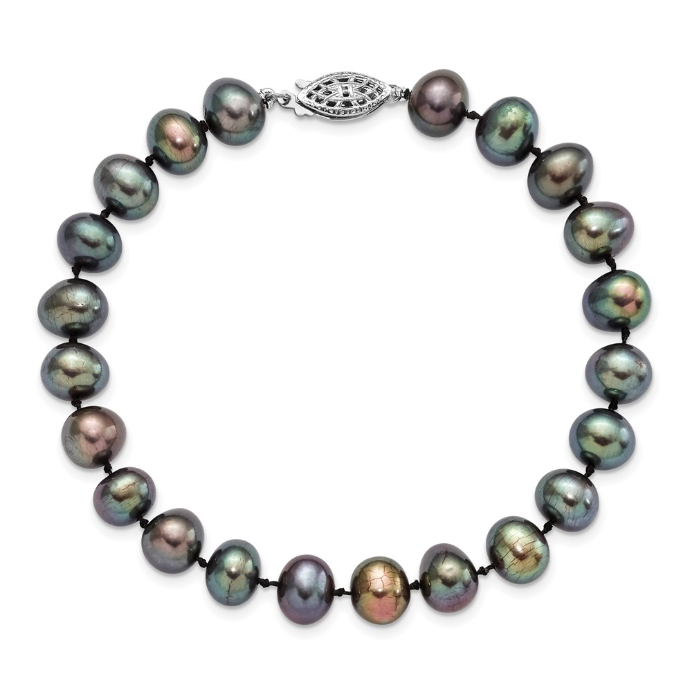 Sterling Silver Rhodium-plated 7-8mm Black Near-Round Freshwater Cultured Pearl 7.25 inch Bracelet (QH5155-7.25)