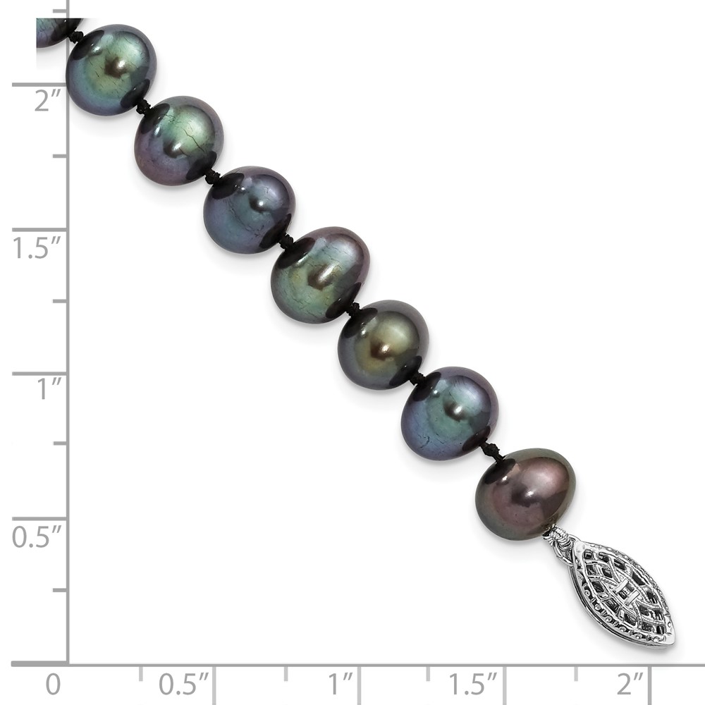 Sterling Silver Rhodium-plated 7-8mm Black Near-Round Freshwater Cultured Pearl 7.25 inch Bracelet (QH5155-7.25)