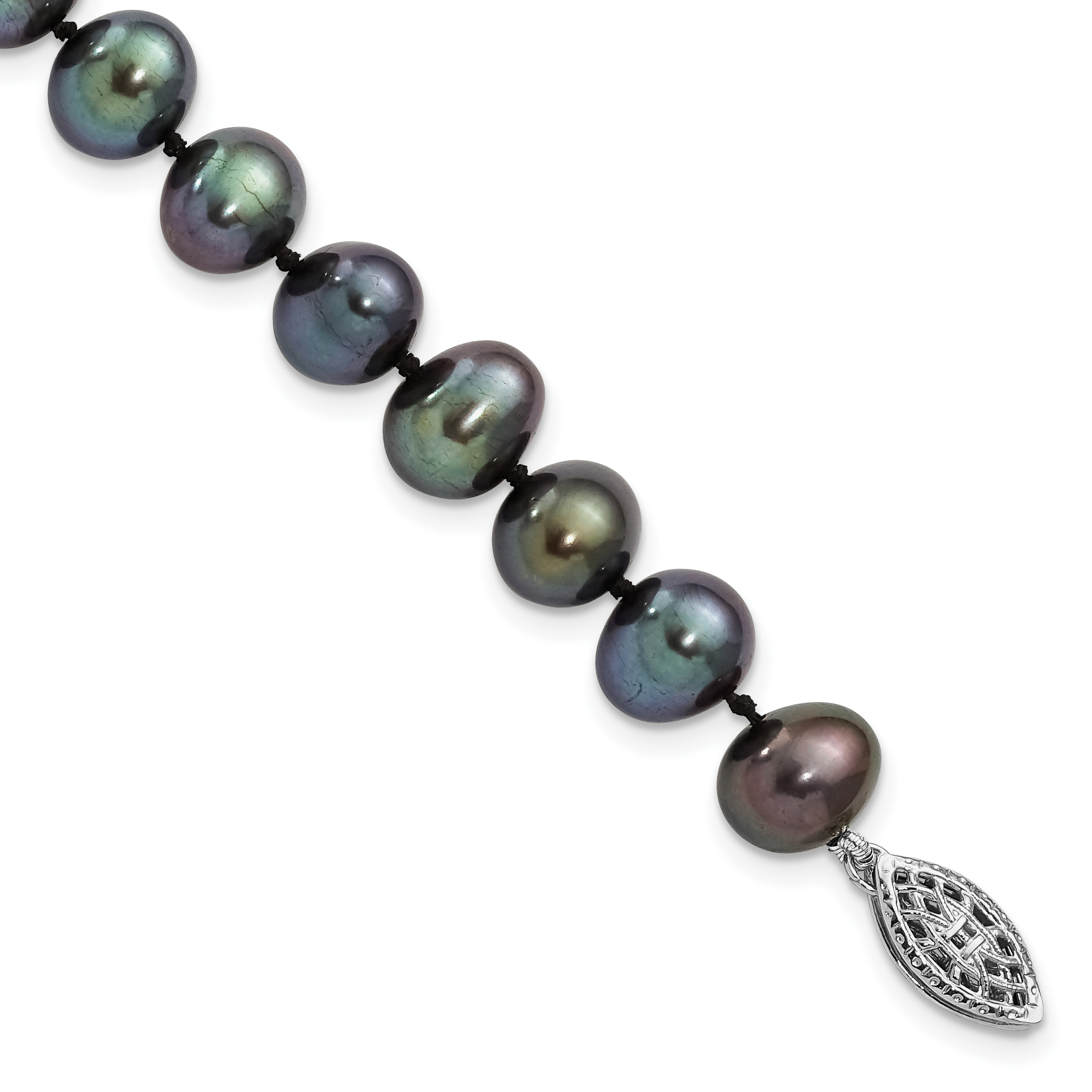Sterling Silver Rhodium-plated 7-8mm Black Near-Round Freshwater Cultured Pearl 7.25 inch Bracelet (QH5155-7.25)