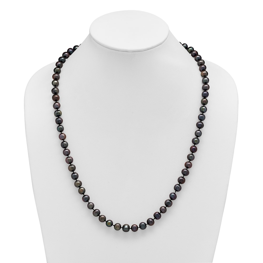Sterling Silver Rhodium-plated 8-9mm Black Near-Round Freshwater Cultured Pearl 24 inch Necklace (QH5156-24)