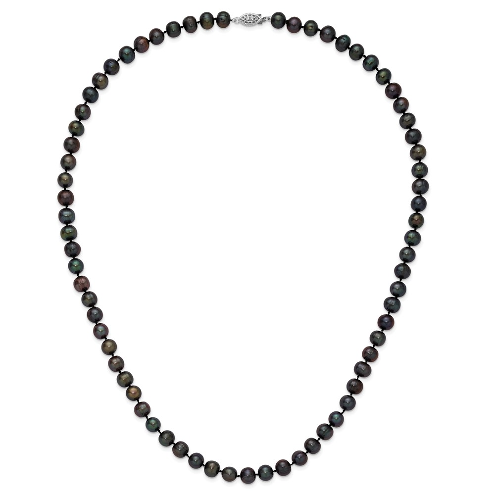 Sterling Silver Rhodium-plated 8-9mm Black Near-Round Freshwater Cultured Pearl 24 inch Necklace (QH5156-24)