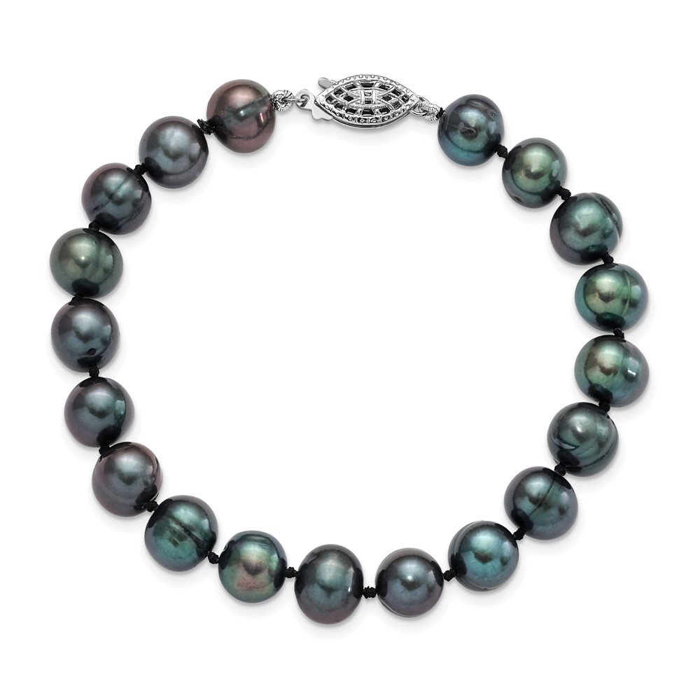 Sterling Silver Rhodium-plated 8-9mm Black Near-Round Freshwater Cultured Pearl 7.25 inch Bracelet (QH5156-7.25)