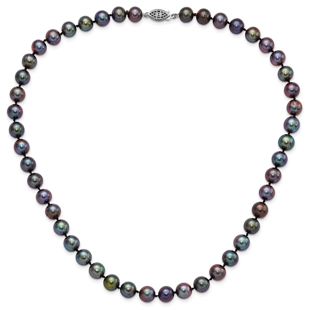 Sterling Silver Rhodium-plated 9-10mm Black Near-Round Freshwater Cultured Pearl 20 inch Necklace (QH5157-20)