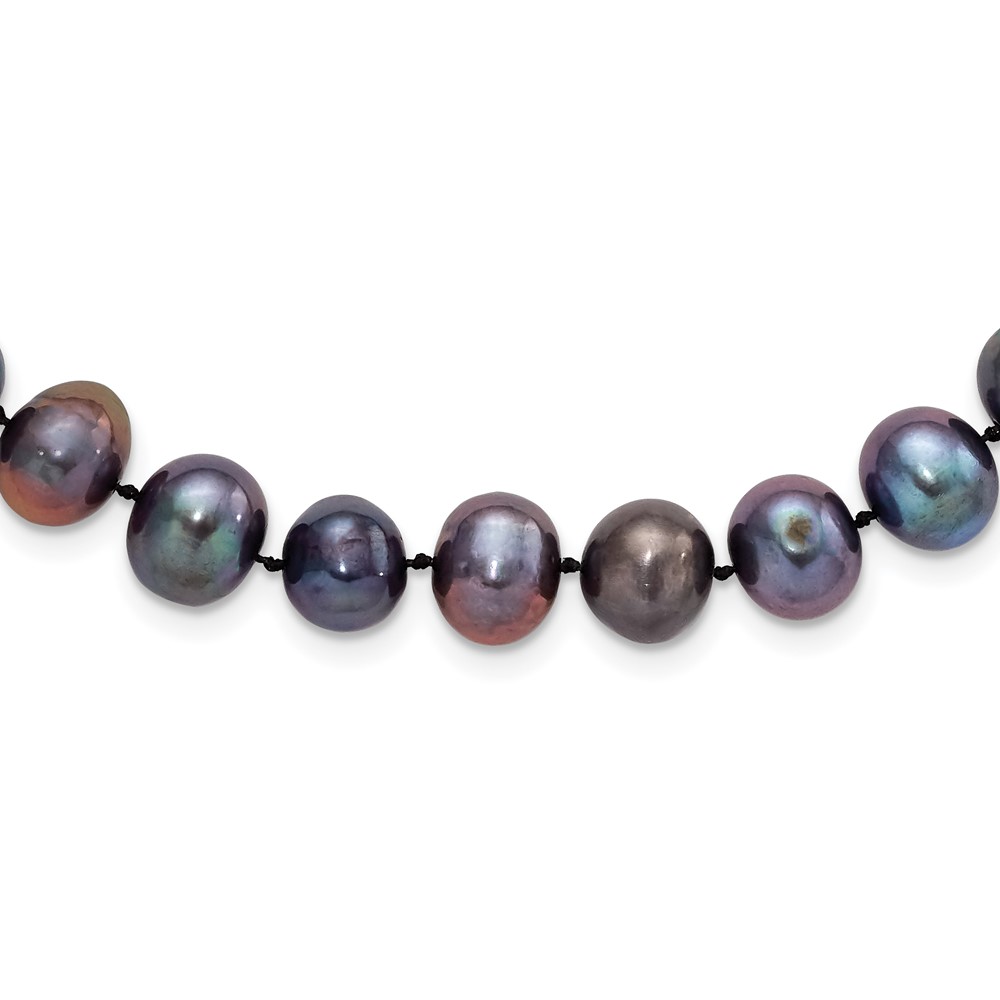 Sterling Silver Rhodium-plated 9-10mm Black Near-Round Freshwater Cultured Pearl 24 inch Necklace (QH5157-24)