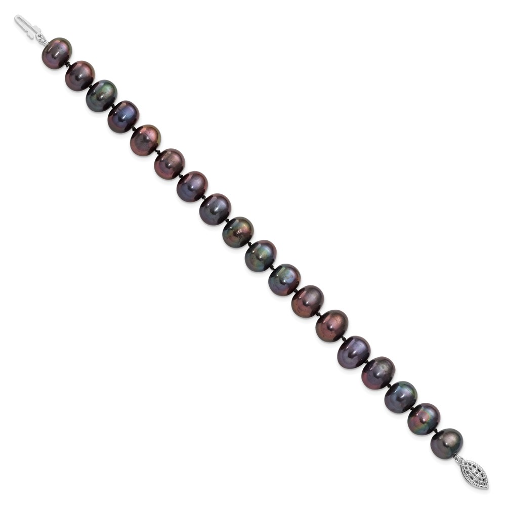 Sterling Silver Rhodium-plated 9-10mm Black Near-Round Freshwater Cultured Pearl 7.25 inch  Bracelet (QH5157-7.25)