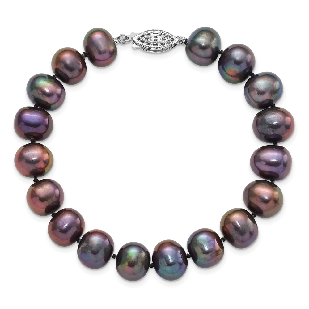 Sterling Silver Rhodium-plated 9-10mm Black Near-Round Freshwater Cultured Pearl 7.25 inch  Bracelet (QH5157-7.25)