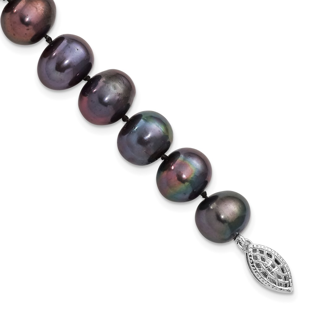 Sterling Silver Rhodium-plated 9-10mm Black Near-Round Freshwater Cultured Pearl 7.25 inch  Bracelet (QH5157-7.25)