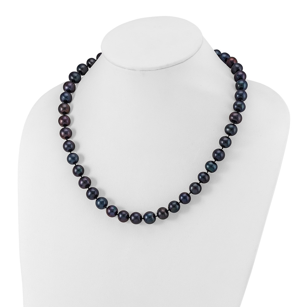 Sterling Silver Rhodium-plated 10-11mm Black Near-Round Freshwater Cultured Pearl 20 inch Necklace (QH5158-20)