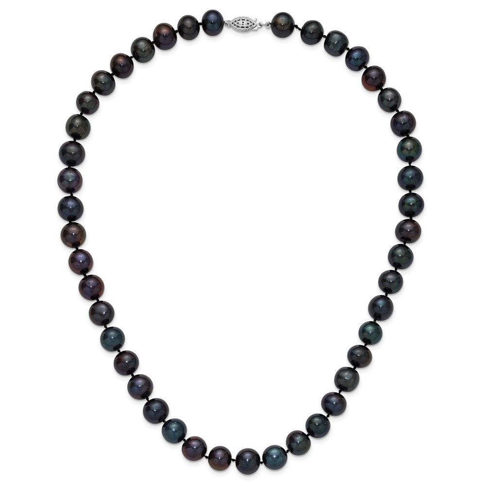 Sterling Silver Rhodium-plated 10-11mm Black Near-Round Freshwater Cultured Pearl 20 inch Necklace (QH5158-20)