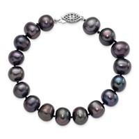Sterling Silver Rhodium-plated 10-11mm Black Near-Round Freshwater Cultured Pearl Bracelet, 7.25" view 3