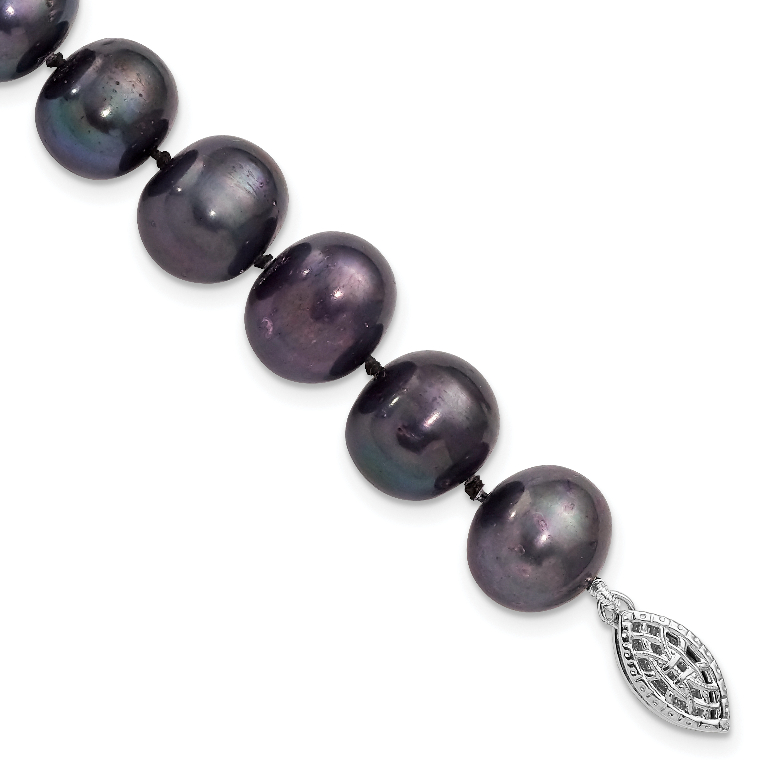 Sterling Silver Rhodium-plated 10-11mm Black Near-Round Freshwater Cultured Pearl 7.25 inch Bracelet (QH5158-7.25)