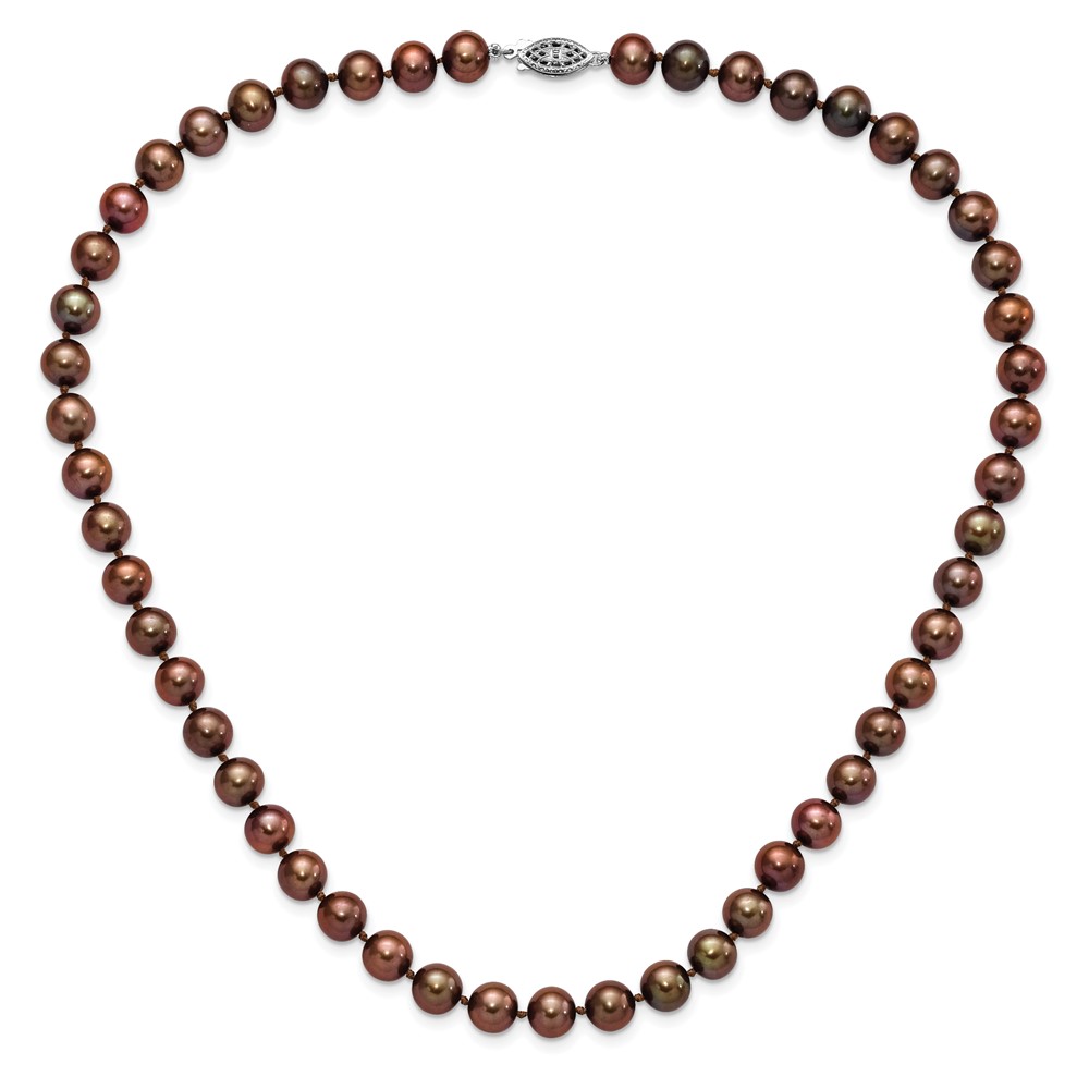 Sterling Silver Rhodium-plated 8-9mm Brown Near-Round Freshwater Cultured Pearl 20 inch Necklace (QH5159-20)