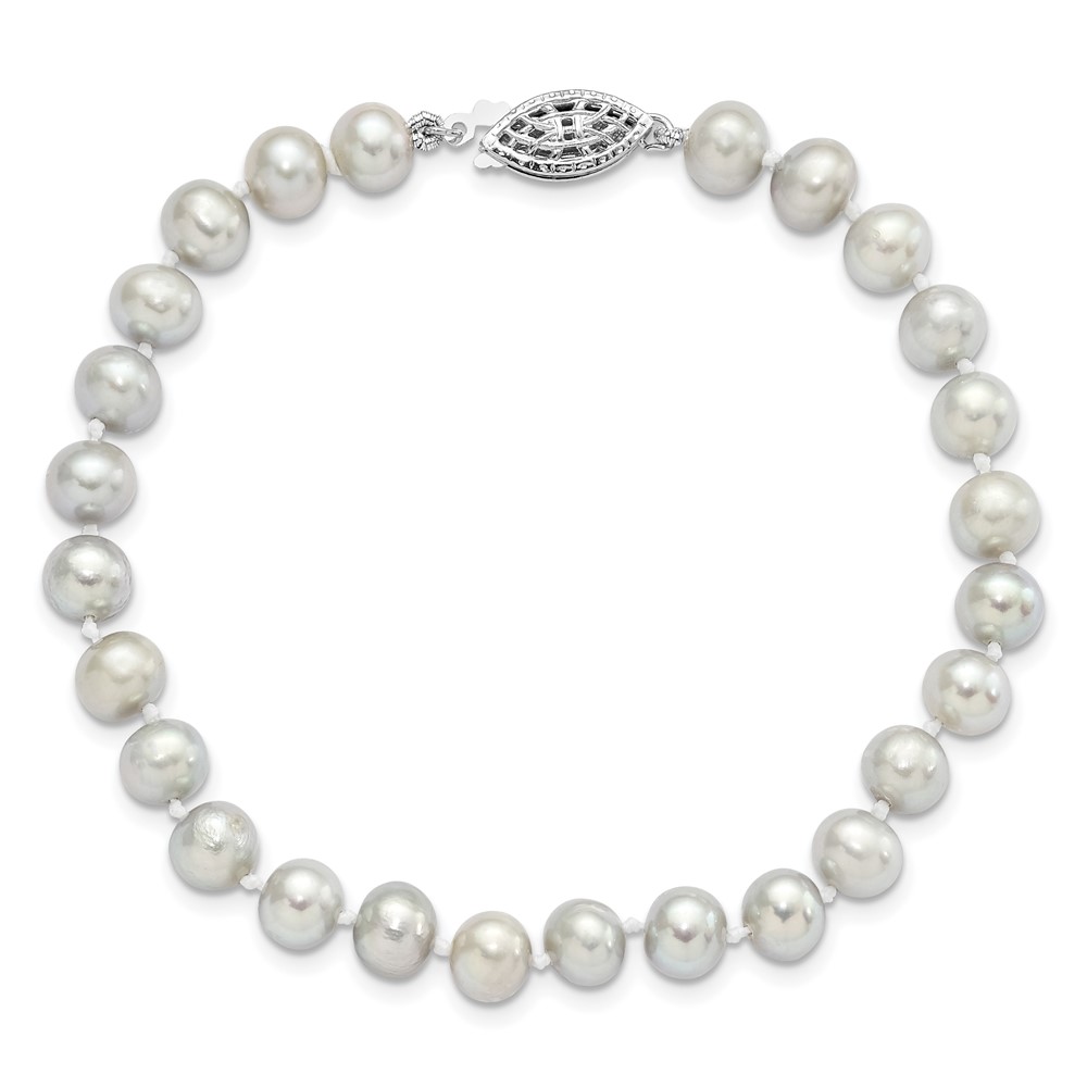 Sterling Silver Rhodium-plated 6-7mm Grey Near-Round Freshwater Cultured Pearl 7.25 inch Bracelet (QH5161-7.25)
