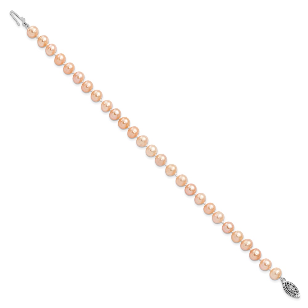 Sterling Silver Rhodium-plated 6-7mm Pink Near-Round Freshwater Cultured Pearl 7.25 inch Bracelet (QH5166-7.25)
