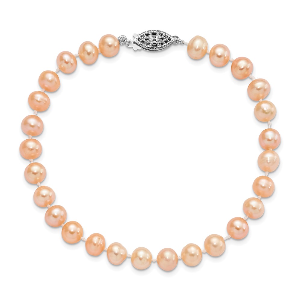 Sterling Silver Rhodium-plated 6-7mm Pink Near-Round Freshwater Cultured Pearl 7.25 inch Bracelet (QH5166-7.25)