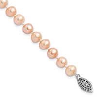 Sterling Silver Rhodium-plated 6-7mm Pink Near-Round Freshwater Cultured Pearl Bracelet, 7.25" view 1