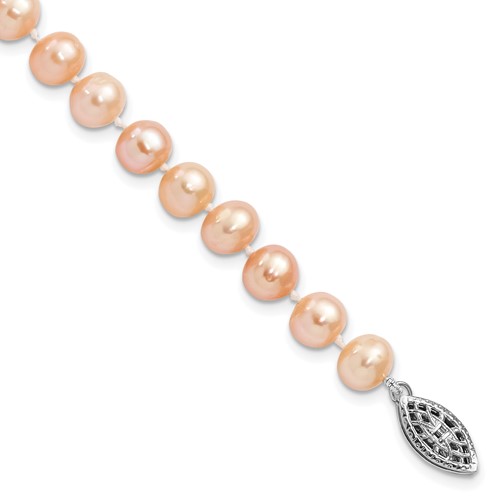Sterling Silver Rhodium-plated 6-7mm Pink Near-Round Freshwater Cultured Pearl Bracelet, 7.25"