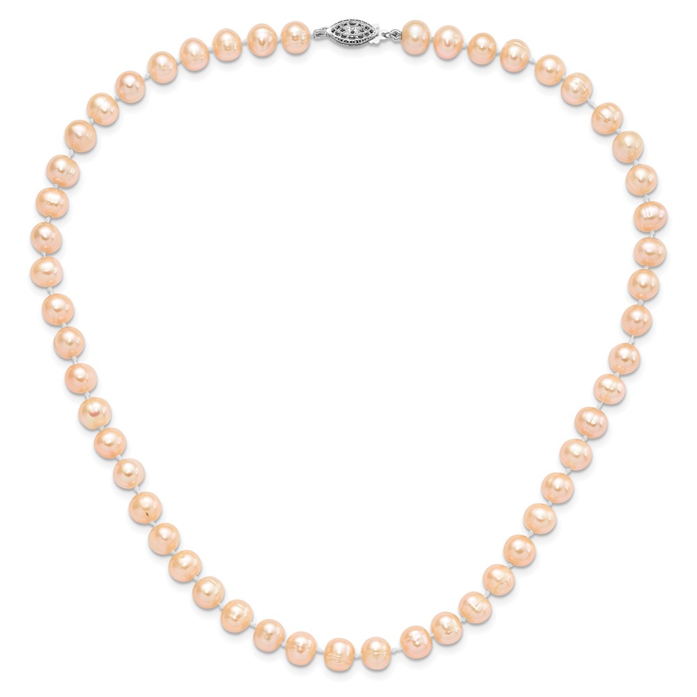 Sterling Silver Rhodium-plated 7-8mm Pink Near-Round Freshwater Cultured Pearl 24 inch Necklace (QH5167-24)