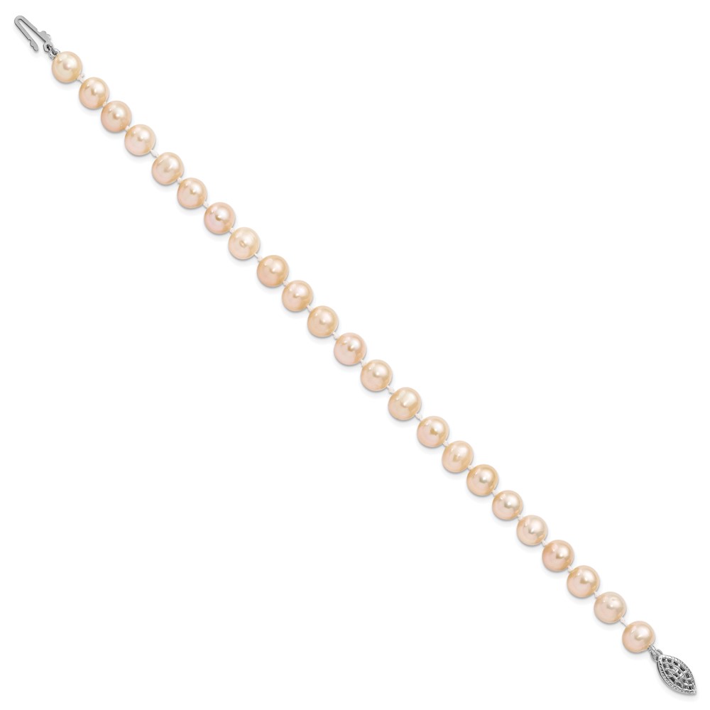 Sterling Silver Rhodium-plated 7-8mm Pink Near-Round Freshwater Cultured Pearl 7.25 inch Bracelet (QH5167-7.25)