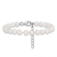 Sterling Silver Rhodium-plated 4-5mm White Semi-Round Freshwater Cultured Pearl Necklace, 5 Inch Bracelet & Post Earrings Set, 14" view 3