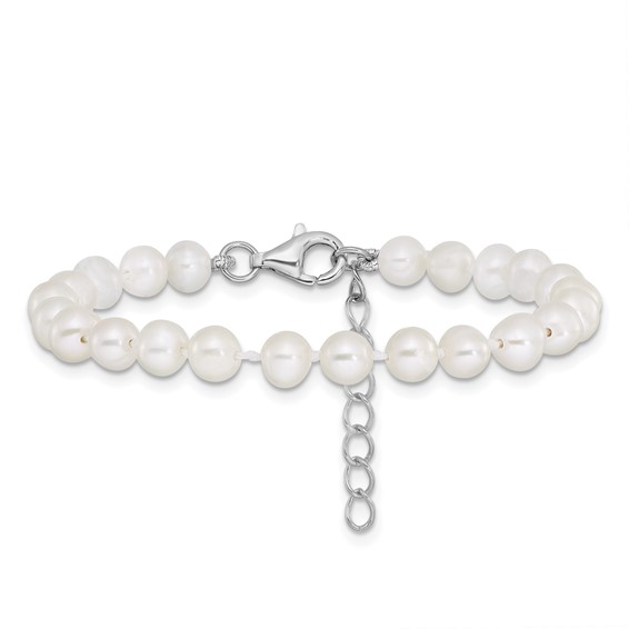 "Sterling Silver Rhodium-plated 4-5mm White Semi-Round Freshwater Cultured Pearl 14 inch Necklace, 5 inch Bracelet and Post Earrings Set"