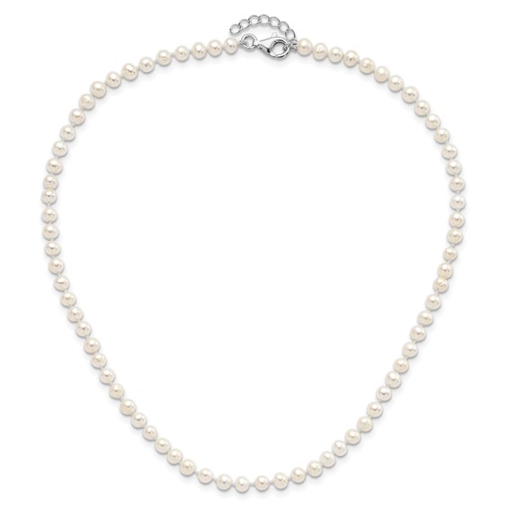 "Sterling Silver Rhodium-plated 4-5mm White Semi-Round Freshwater Cultured Pearl 14 inch Necklace, 5 inch Bracelet and Post Earrings Set"
