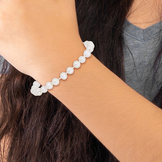 "Sterling Silver Rhodium-plated 4-5mm White Semi-Round Freshwater Cultured Pearl 14 inch Necklace, 5 inch Bracelet and Post Earrings Set"