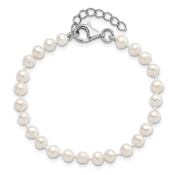 "Sterling Silver Rhodium-plated 4-5mm White Semi-Round Freshwater Cultured Pearl 14 inch Necklace, 5 inch Bracelet and Post Earrings Set"