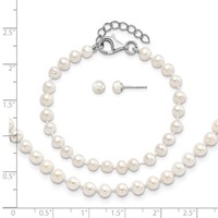 Sterling Silver Rhodium-plated 4-5mm White Semi-Round Freshwater Cultured Pearl Necklace, 5 Inch Bracelet & Post Earrings Set, 14" view 4